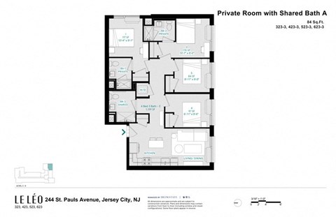 Floor plan for 1 bed, 1 bath, 84 sqft